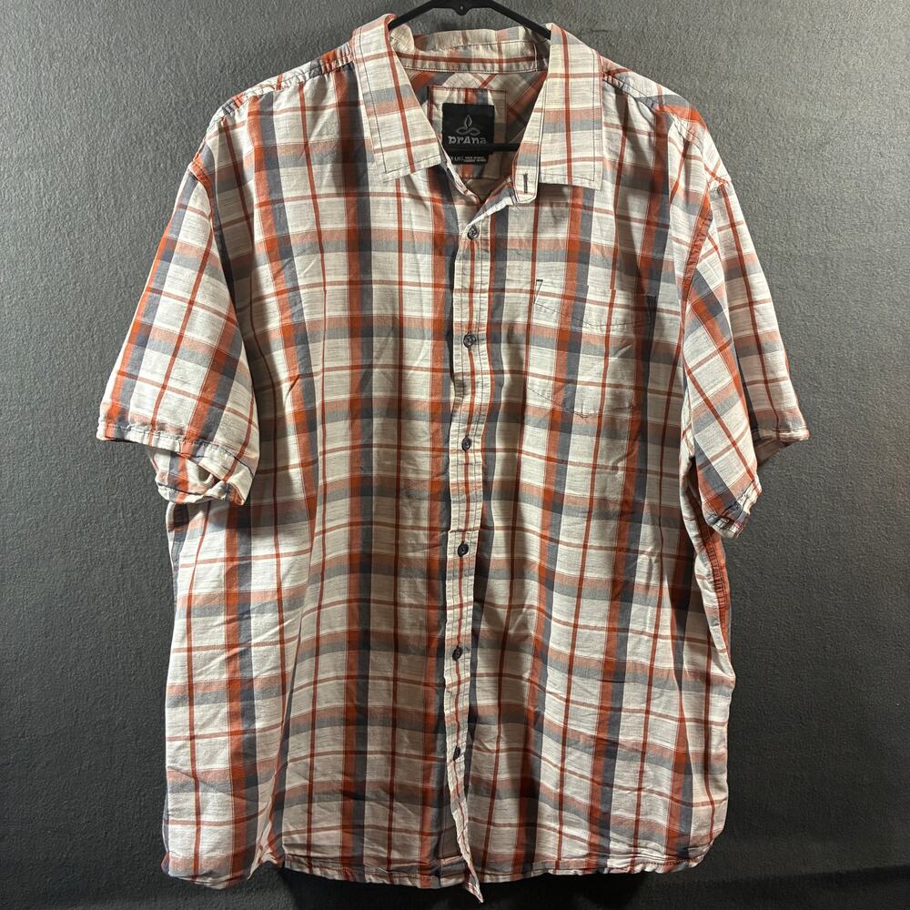prana‎ men organic cotton shirt 2xl white plaid western outdoor hiking camping